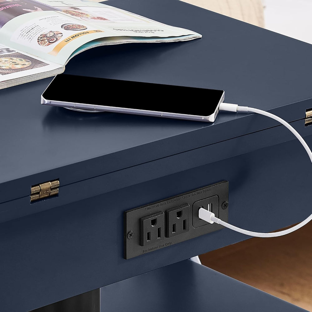 High Gloss Rolling Lift Top End Table with Charging Station, Height Adjustabl...