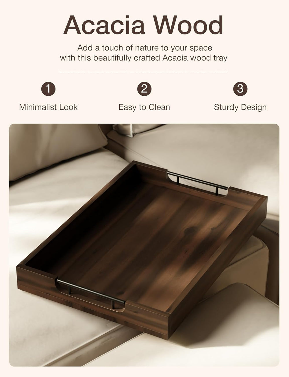 TIDITA 20"x14" Wooden Large Serving Tray, Walnut Color, Metal Handles