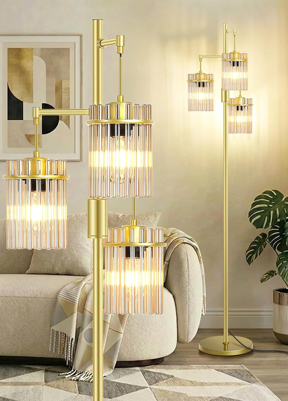 Crystal Gold Glass Tree Floor Lamp for Living Room for Farmhouse Industrial