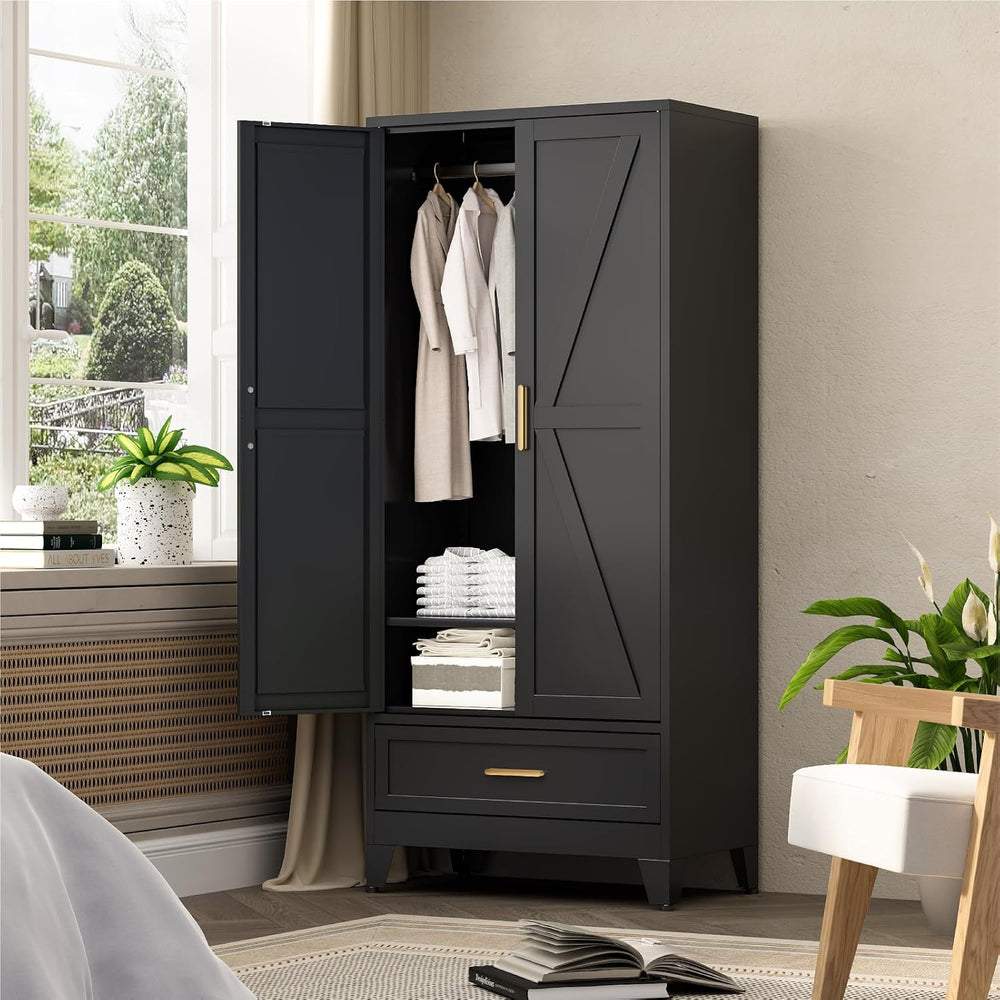 COFaR 71 Farmhouse Metal Wardrobe Closet with Hanging Rod, 2 Barn Doors, Adju...
