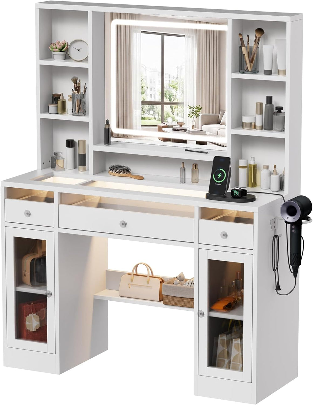 LIVELYGLOW 43.3" White Large Makeup Vanity Desk with Glass Top & RGB...