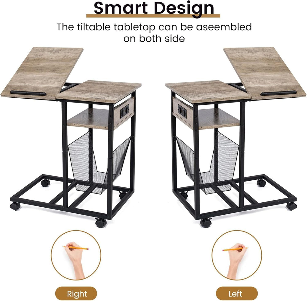 FLYJOE End Table C Shape with Charge Station, Tilting Top Side Table with Mag...