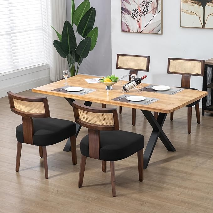 Upholstered Rattan Dining Chairs Set of 6, Mid-Century Modern Fabric Dining R...