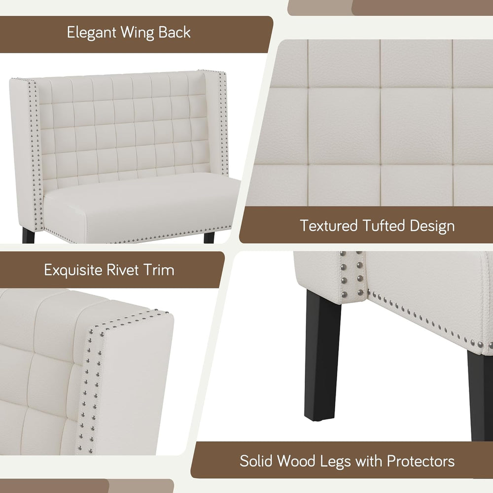 White Faux Leather Loveseat Settee, Modern Tufted Upholstered Bench with Back...