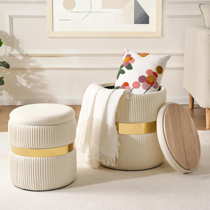 Round Ottoman with Storage Set of 2 White Velvet Vanity Stool