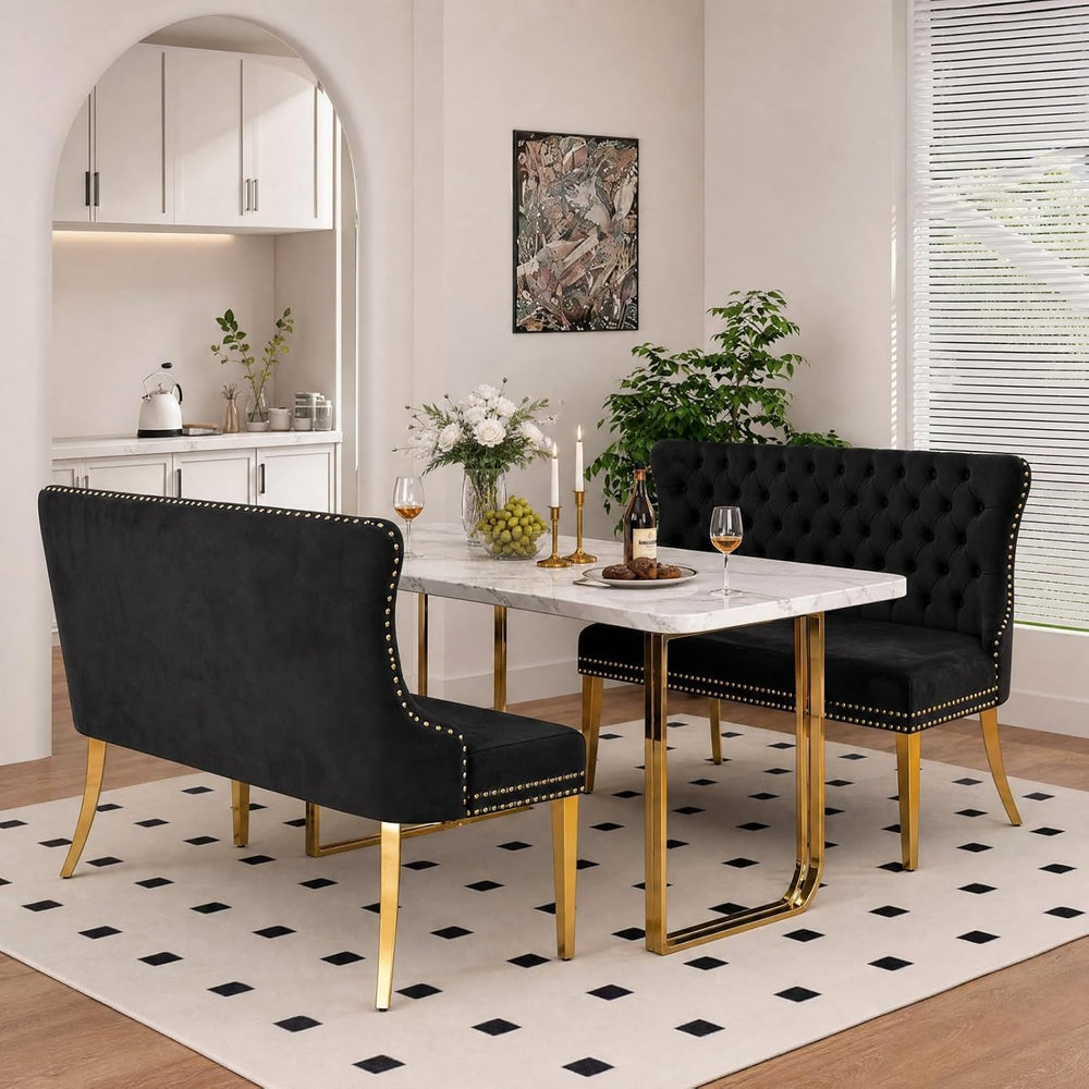 Velvet Dining Loveseat Bench with Wing Back, 2-Seat Tufted Bench with Gold St...