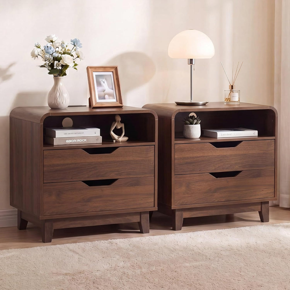 Nightstands Set of 2 with Charging Station, Mid Century Modern Night Stands w...