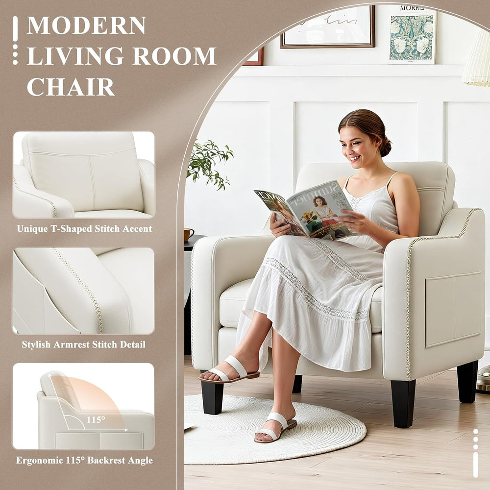 MALOL PU Leather Accent Chair Set of 2 with Solid Wood Frame, Beige