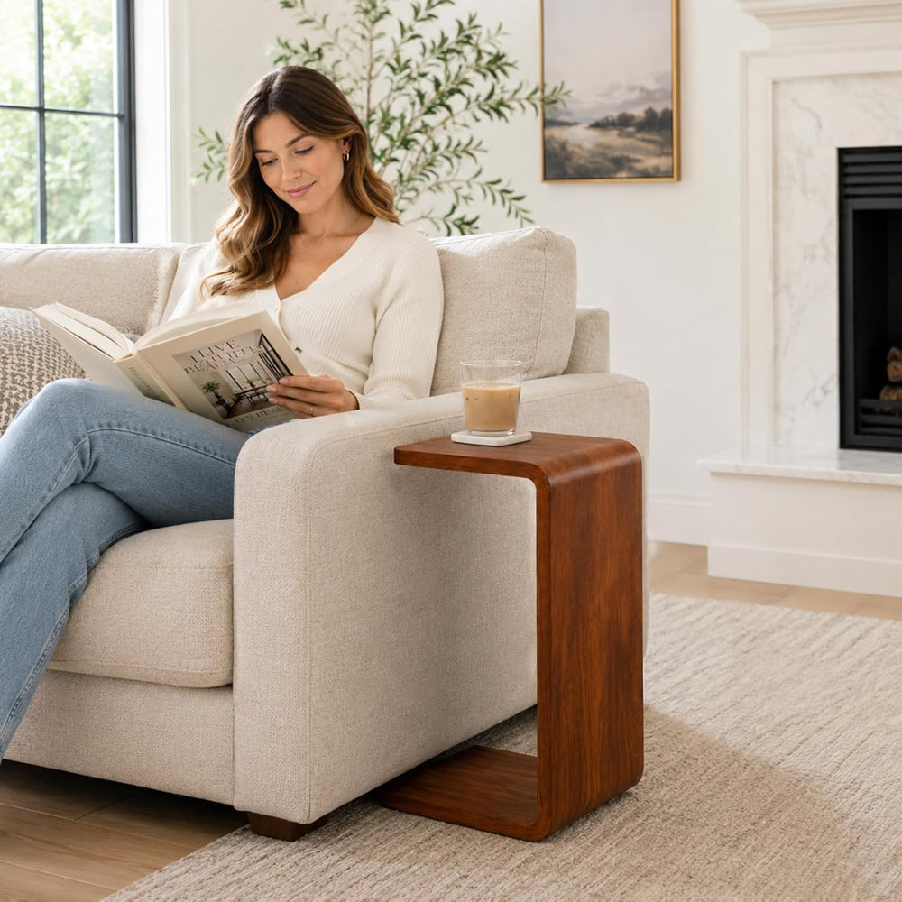 CHSSIH C Shaped End Table for Couch - Wooden Sofa Side Table, Slide Under Cou...