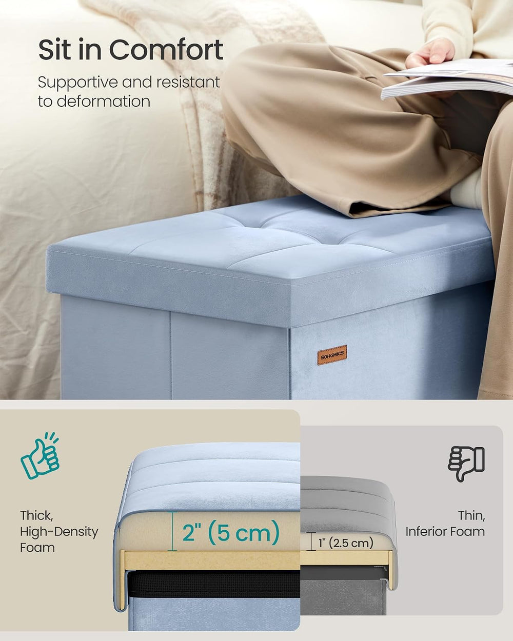 SONGMICS Foldable Storage Ottoman with Flipping Lid, 43.3 Inch Velvet Bench |...
