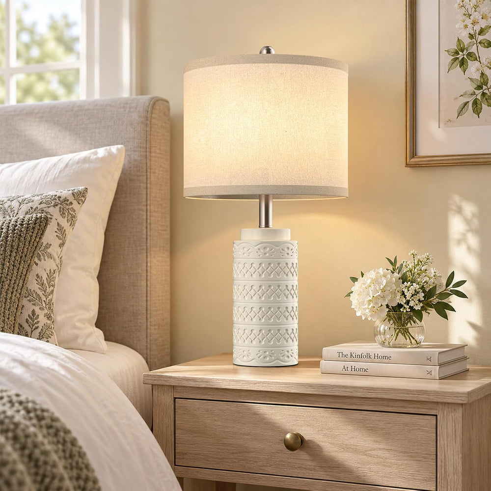 Modern Ceramic Table Lamp Set of 2 for Bedroom, White Bedside Lamp with Fabri...