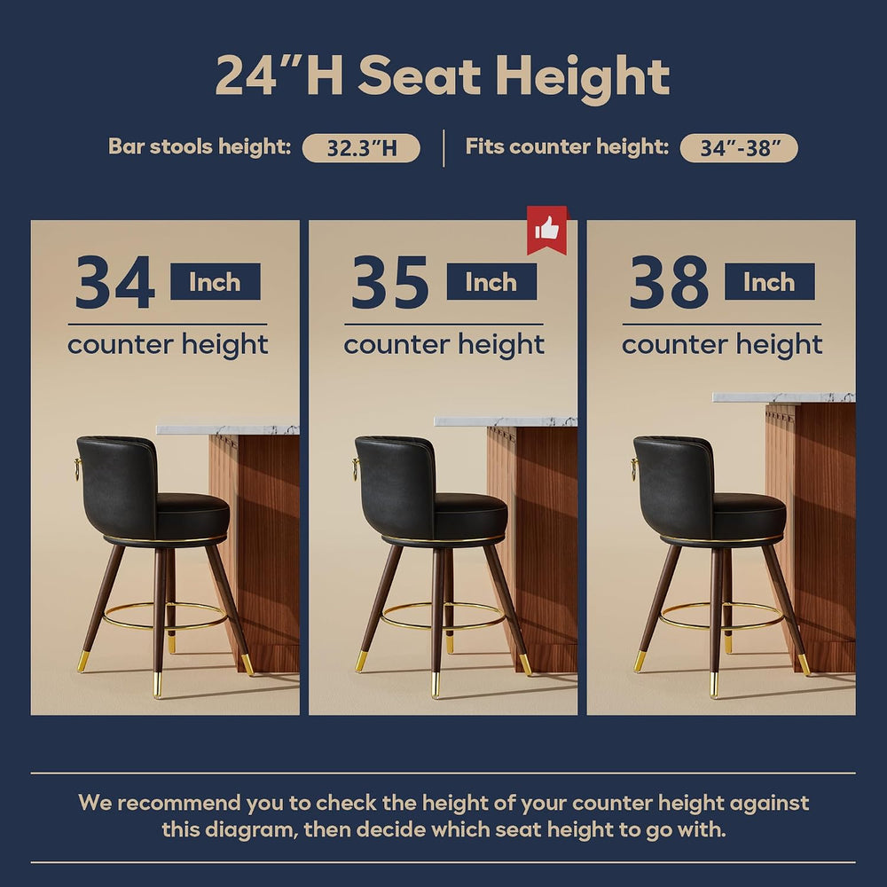 SeekFancy 24 Inch Black Leather Swivel Counter Bar Stools Set of 2