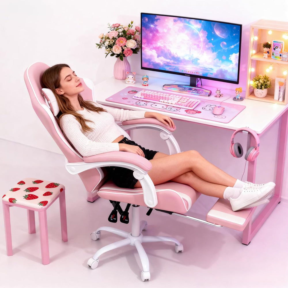 MoNiBloom Gaming Chair, Footrest & Lumbar Support, Height Adjust, Pink | ...