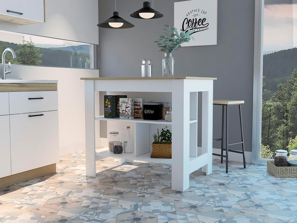 Kitchen Island with Three Shelves and Four Legs - Light Oak/White | Three she...