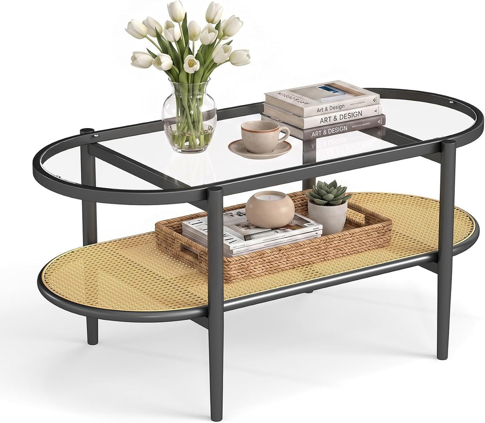 Boho Oval Coffee Table with Storage Shelf, 2-Tier Tempered Glass