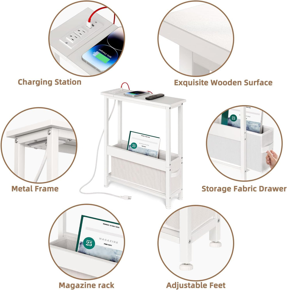 BAMGROW Slim Charging End Table with Storage - for Small Spaces and Bedroom (...