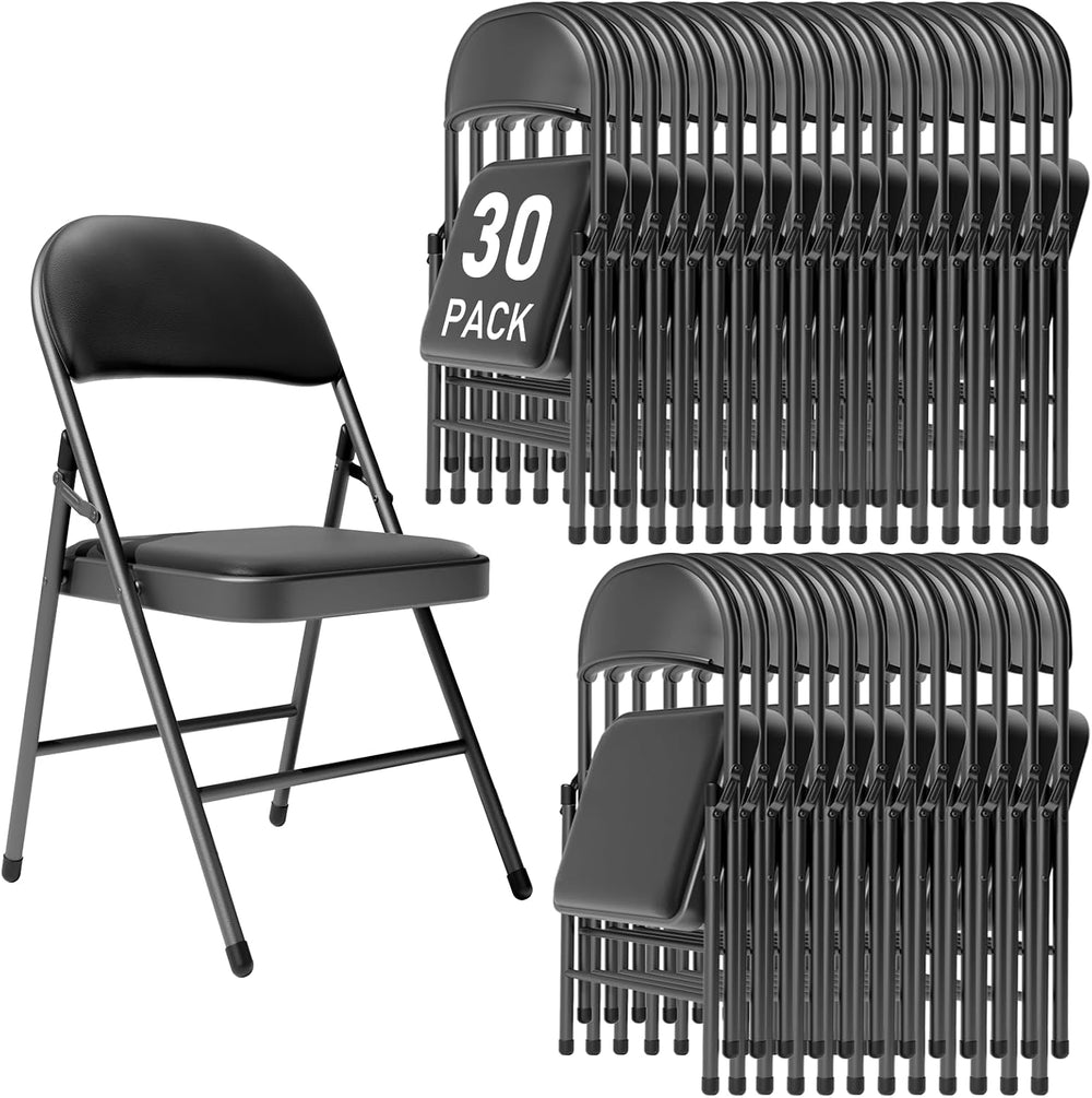 30 Pack Black Folding Chairs with Padded Cushion,Metal Frame,350lbs