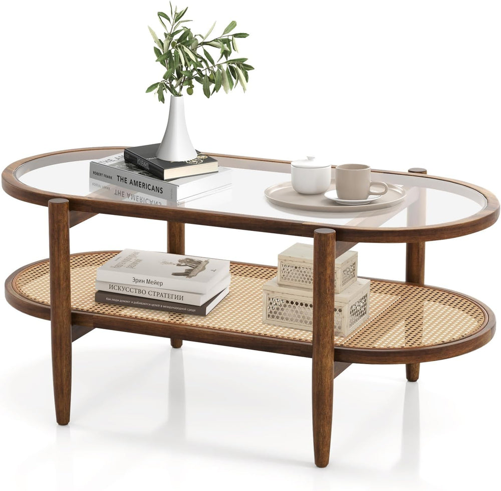 Tangkula Rattan Coffee Table, 40”L Boho Oval Acacia Wood Cocktail Table with ...