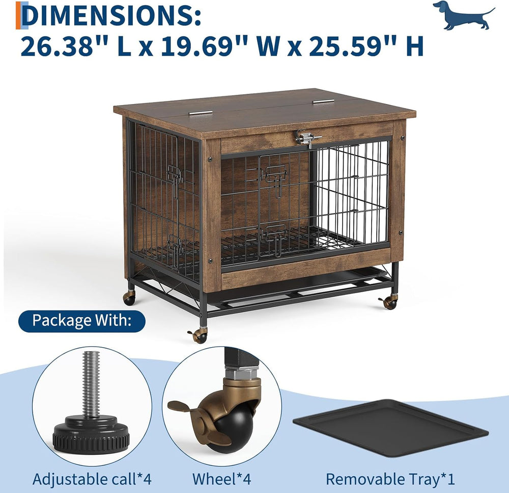 Rustic Brown Wooden Dog Crate End Table with Dual Doors & Lockable Wheels...