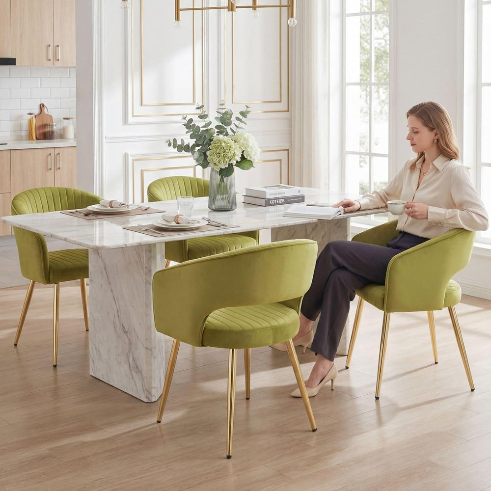 Hyfirm Green Velvet and Gold Dining Chairs, Set of 4 Modern Upholstered Arm C...