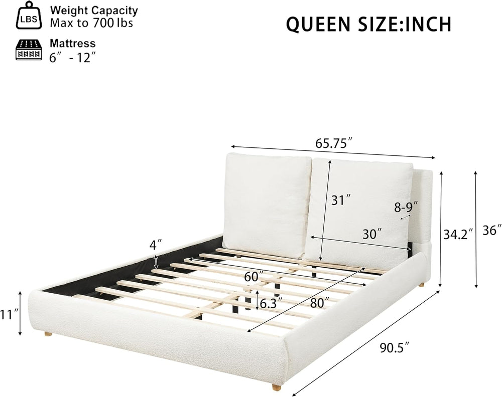Merax Queen Boucle Upholstered Bed, 2 Removable Headboard Pillows, White