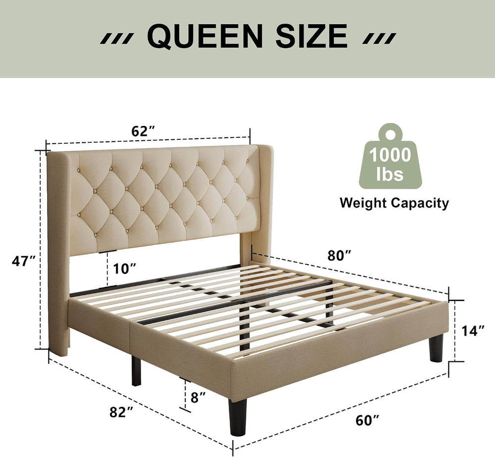 Feonase Queen Bed Frame with Diamond Tufted Wingback Headboard, Morden Uphols...