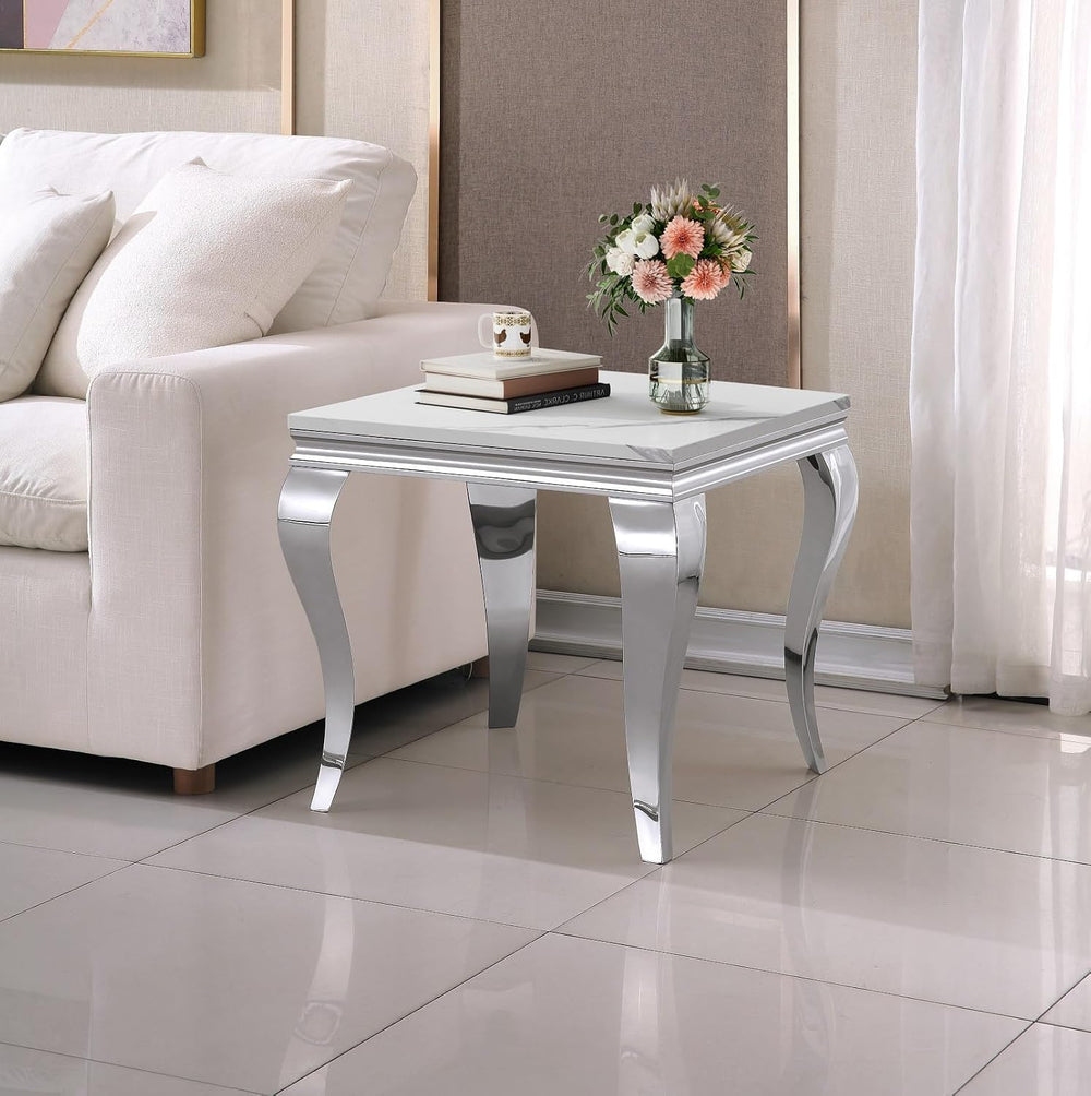 Henf 23in Square End Table Faux Marble End Table w/Stainless Steel Legs,Luxur...
