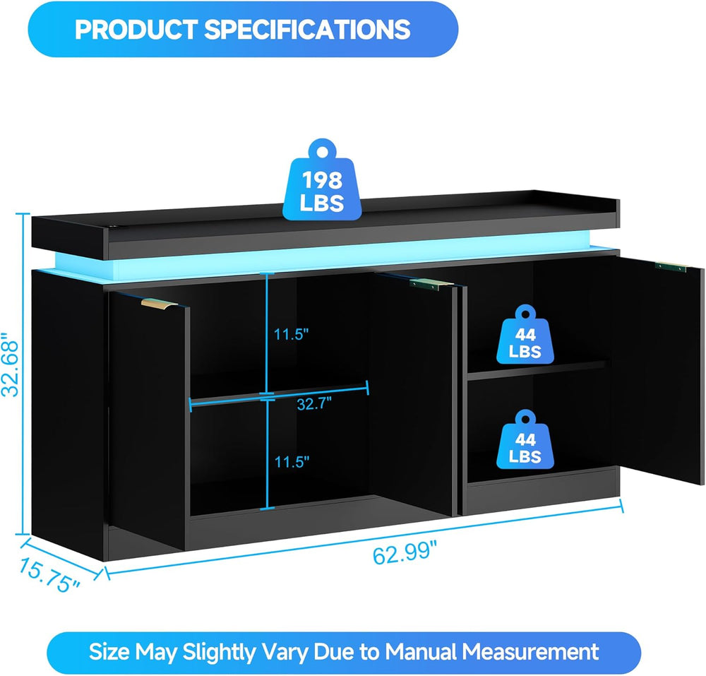 knoworld LED Sideboard Buffet Cabinet with Storage, 63'' Large Kitche...