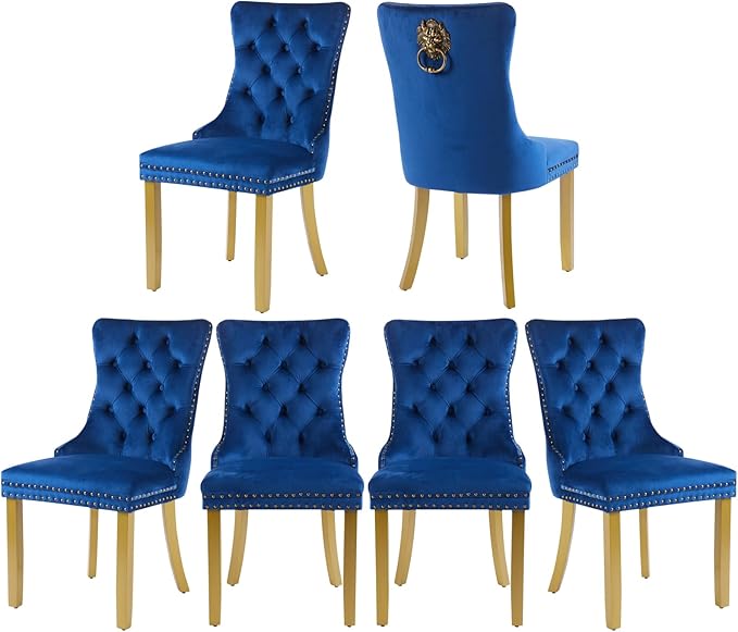 Velvet Dining Chairs Set of 6, Upholstered Dining Room Chairs with Lion Head ...