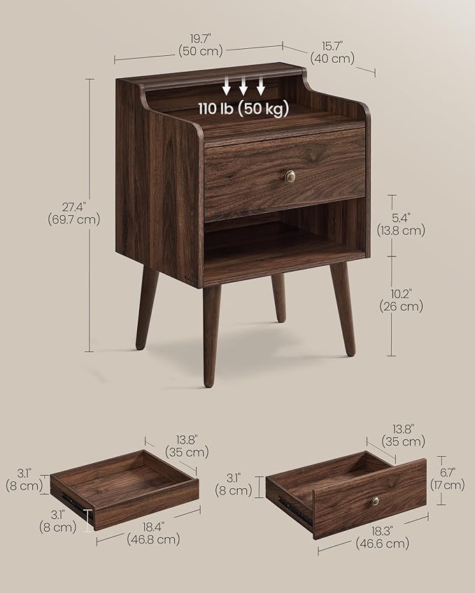 VASAGLE Nightstands, Set of 2, Bedside Tables with Hidden Drawers, Mid-Centur...