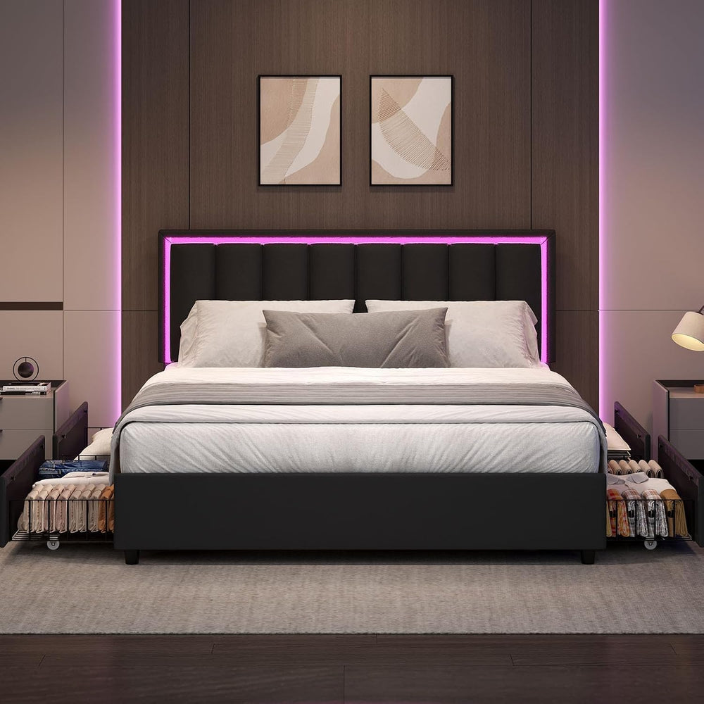 IMMERSTABLE Queen Size Bed Frame with Headboard and 4 Storage Drawers, Faux L...