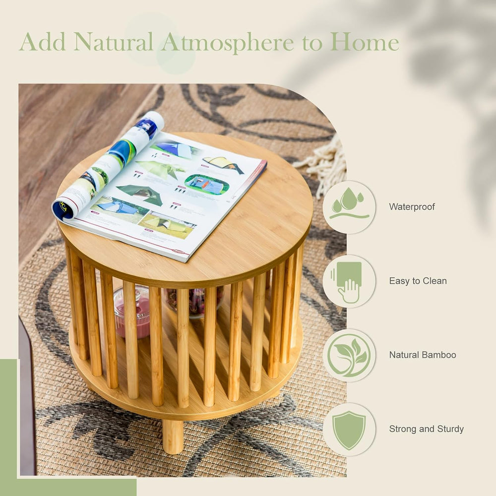 MFSTUDIO Bamboo Nightstand End Table Set of 2, Round 15.7" Bedside Table...