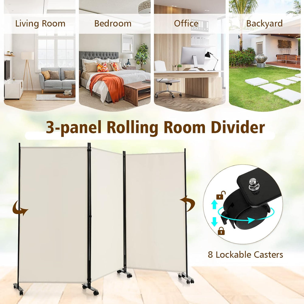 GOFLAME 3 Panel Folding Room Divider, 6FT Rolling Privacy Screen with Lockabl...