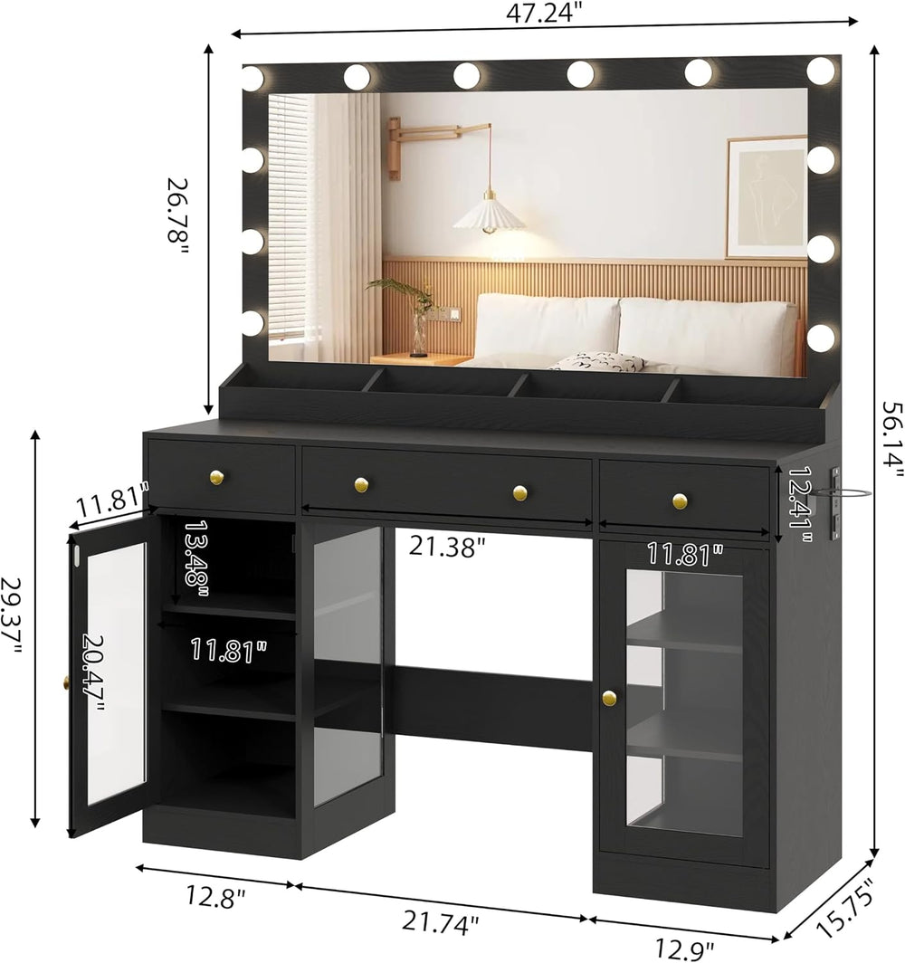 Thacuok Makeup Vanity with Large Mirror and Lights, 47''Wide Dressing...