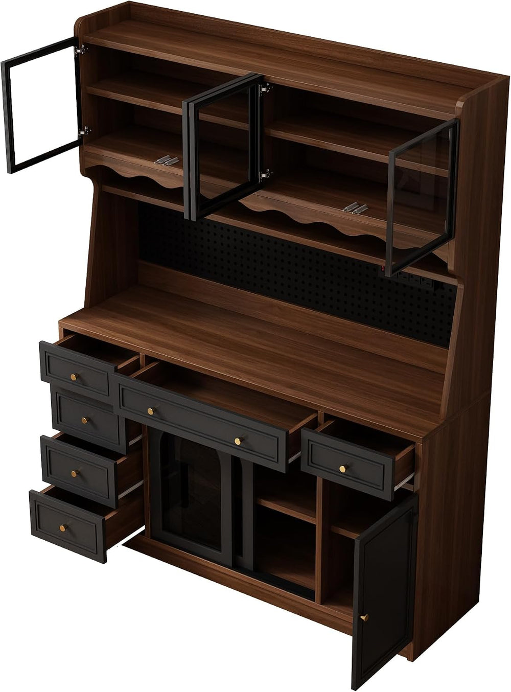 63" W Farmhouse Buffet Cabinet with Hutch, Freestanding Coffee Bar Sideb...