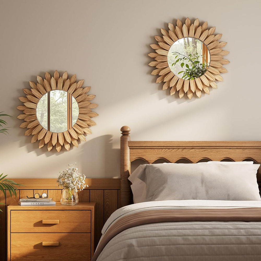 20" Round Sunburst Wooden Mirror Boho Rustic Wall Decor