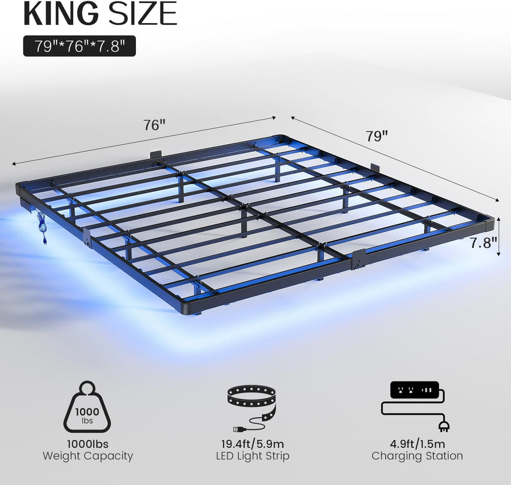OLEVS King Size Floating Bed Frame Metal with LED Light & Charging Station