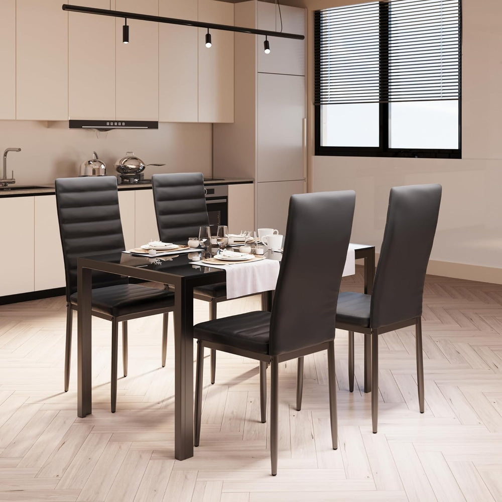 Bealife Kitchen Dining Table Set for 4, Tempered Glass 5 Piece - Black | PU L...