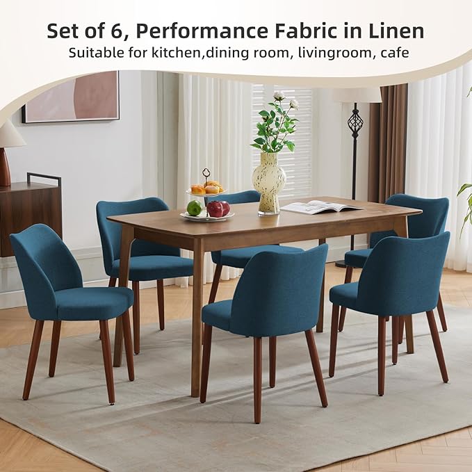 Dining Chair Set of 4, Linen Upholstered Dining Chair with Wood Legs, Wing Ba...