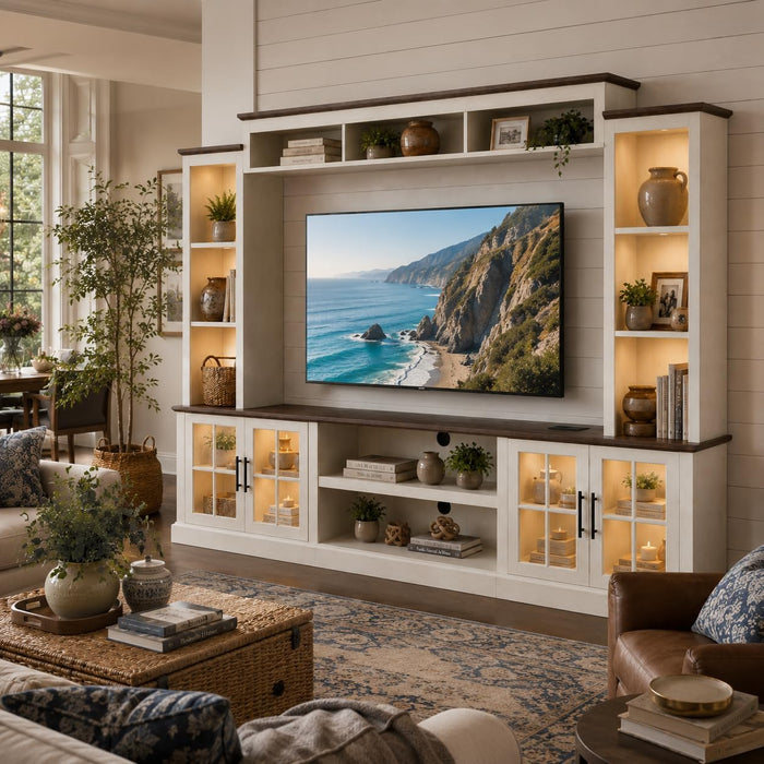 White Farmhouse TV Stand, Entertainment Center, 98" Wall Unit Media Console with Bookshelf, Cabinet & Power Outlets & Barn Doors, Fits TVs Up to 75” for Living Room