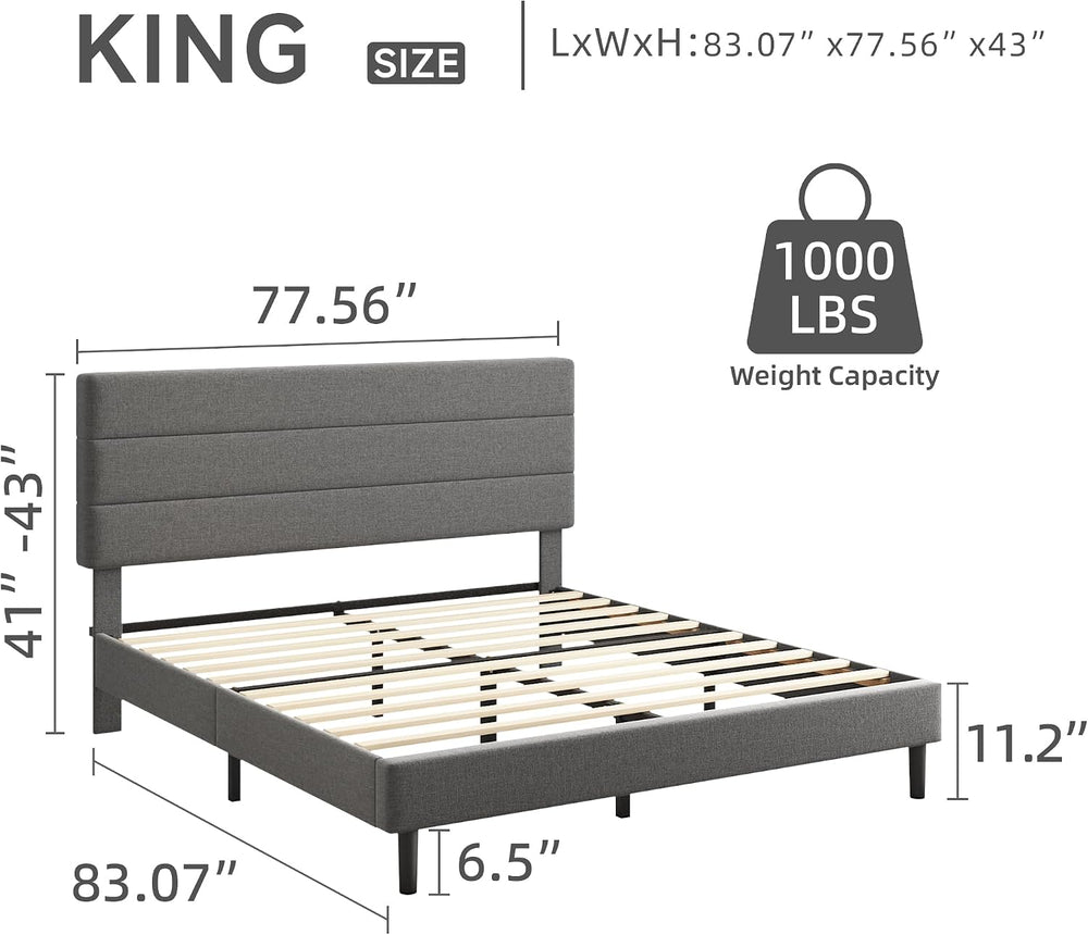 King Platform Bed Frame with Adjustable Linen Fabric Upholstered Headboard, S...