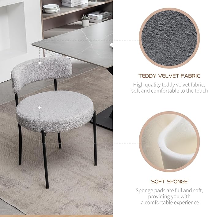 Boucle Dining Chairs Set of 2, Mid Century Modern Dining Room Chairs with Met...