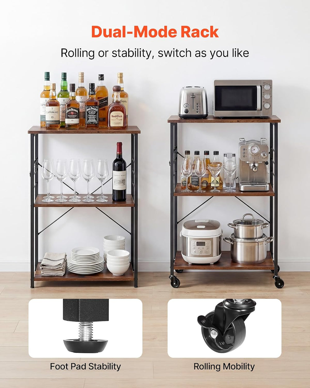 VEVOR 3-Tier Rolling Kitchen Cart, 23.7 in Microwave Stand with Storage, Util...
