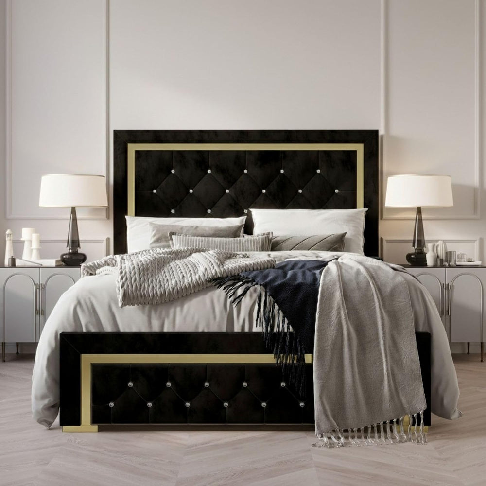 HOME DESIGN Deena King Diamond Tufted Velvet Bed Frame, Black