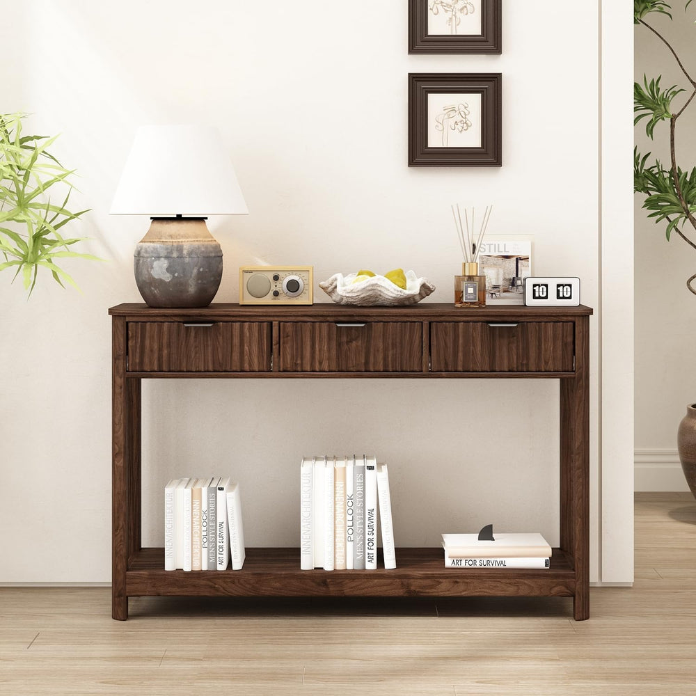 RUSTOWN Fluted Wood Console Table with 3 Drawers, 47.2" Boho Entryway Ta...