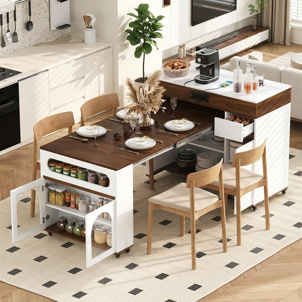 Kitchen Island with Extendable Dining Table, Rolling Storage Cabinet with She...