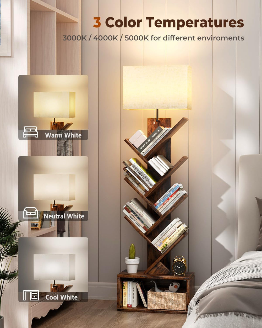 Evermagin 6 Tier Tree Bookshelf with Light, Bookcase, Rustic Brown | Narrow T...