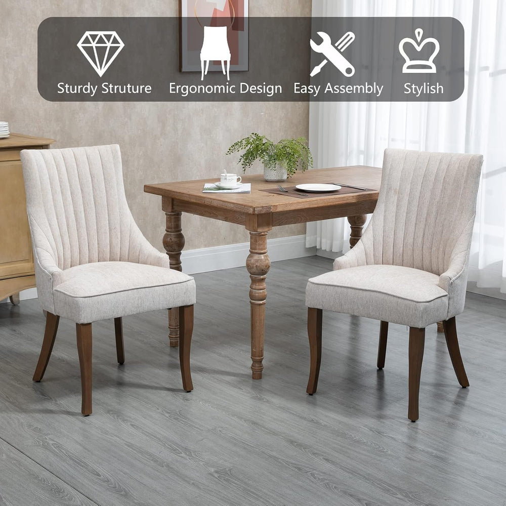 mikibama Linen Beige Dining Chairs Set of 2 Channel Tufted Kitchen Dinner Cha...
