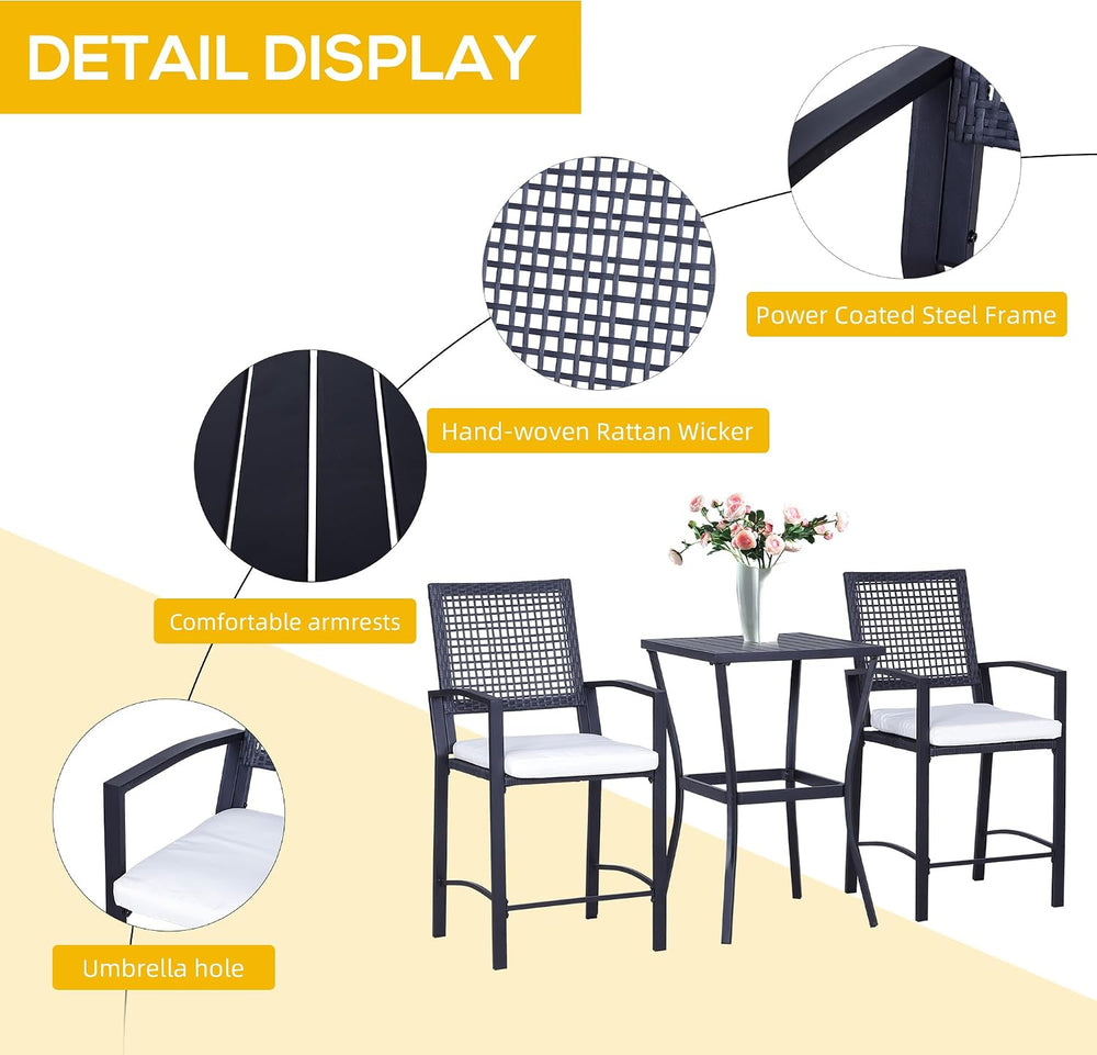 Outsunny 3pcs Patio Bar Set with Soft Cushion, Rattan Wicker for Poolside