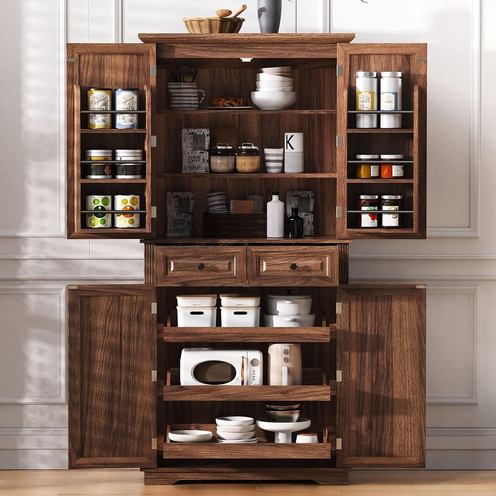 71" Tall Kitchen Pantry Cabinet, Freestanding Cupboard with 3 Pull Out C...